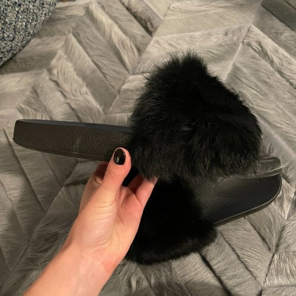 Maiden Lane Open Toe Fur Slip-On Slippers Black Size 11 - Picture 5 of 8